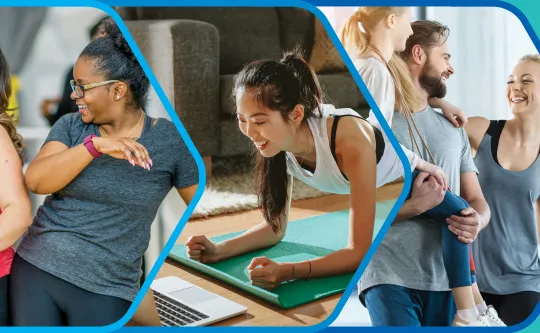 A series of images on a light green background. The first is a pair of women laughing and dancing together with a light blue border around the photo. The second is a woman looking at her laptop while doing yoga, with a medium blue border around the photo. The last image is a child and her parents laughing together at the gym. The photo has a dark blue border.