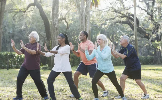 Individuals practicing Tai Chi outside. 