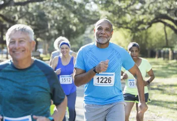 People running in a road race. 