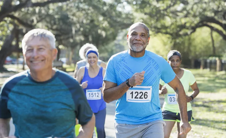 People running in a road race. 