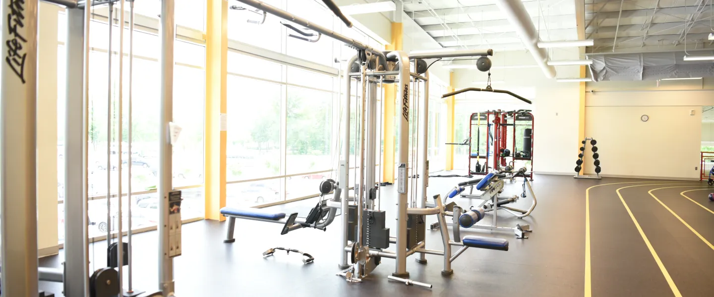 A photo of the Hayes-Taylor YMCA's fitness area and indoor track.