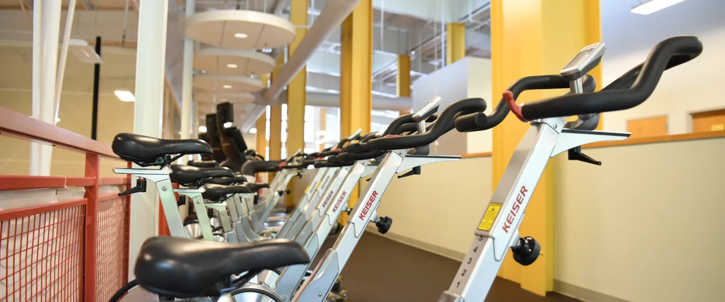 A photo of stationary bikes sitting in a row.