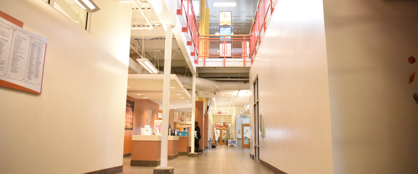 A photo of a hallway inside the Hayes-Taylor YMCA.