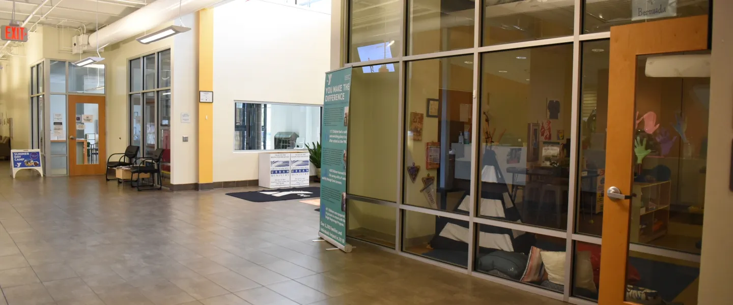 A photo of the Hayes-Taylor YMCA's lobby area.