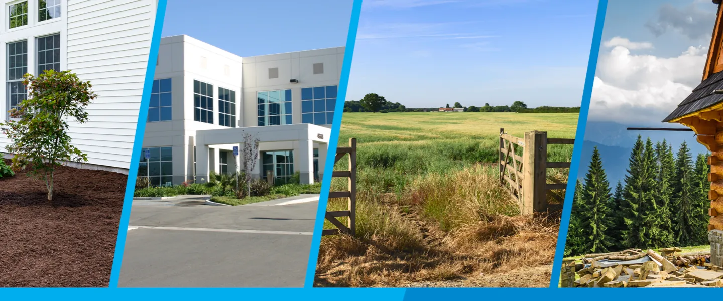 An image of four different types of real estate. A residential house, business building, open land, and cabin are featured.