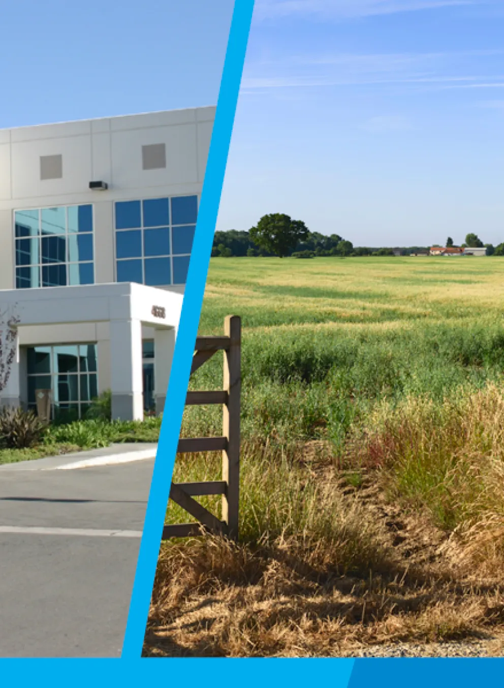 An image of four different types of real estate. A residential house, business building, open land, and cabin are featured.