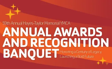 An image with red and orange curve shapes in the background. Small white text reads: 59th Annual Hayes-Taylor Memorial YMCA. Larger white text below reads: Annual Awards and Recognition Banquet in all caps. Small white text beside the large text reads: Honoring a Century of Legacy, Launching a Bold Future. Three yellow stars are in the upper left corner of the image, and three small yellow stars are in the lower right corner.